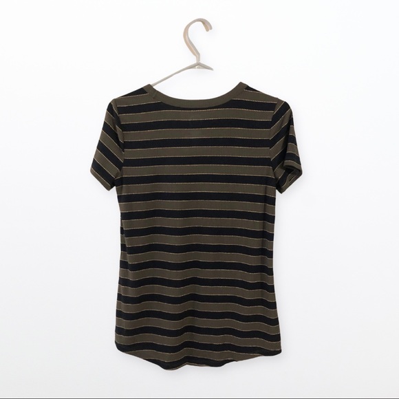 Maurices Army Green Gold Black Striped Ribbed Short Sleeve T-Shirt Top - Picture 3 of 4